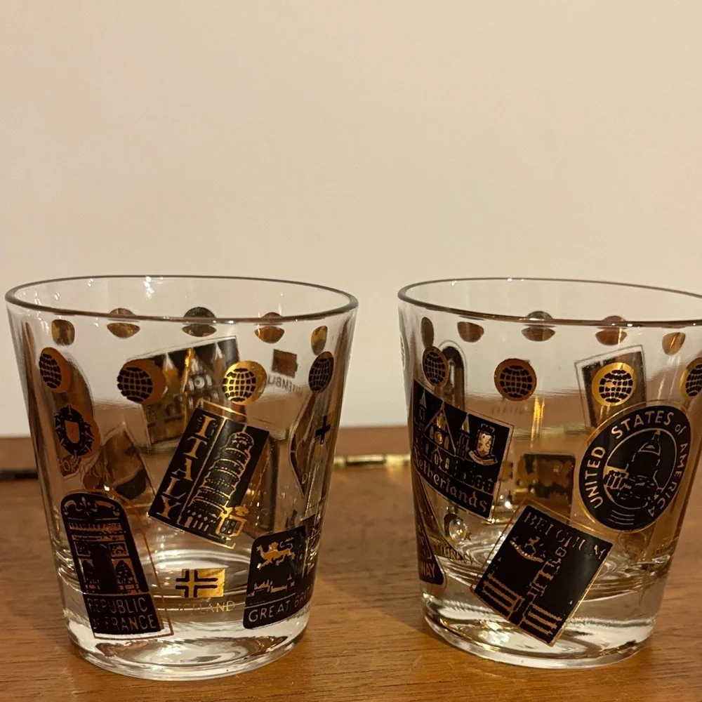 2 NATO Gold & Black Postage Stamp Design Rocks Glasses USA Italy Canada Norway